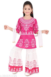 Musklyn Fashion Girls Ethni Rayon Printed Kurta Palazzo Set with Dupatta, suitable for all-seasons festivals. Three-quarter sleeve peplum top and sharara bottom, mix-and-match with other wardrobe items. Indian origin, designed for 2-3 Years to 5-6 Years